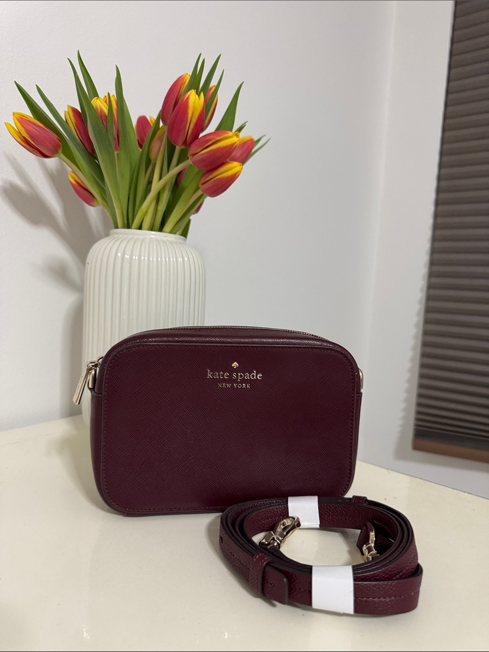 kate spade Maroon Saffiano Crossbody Bag with Gold Hardware